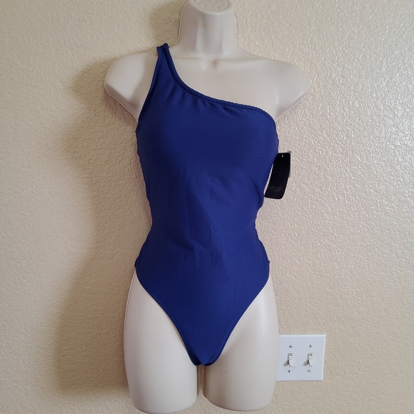 RACHEL Rachel Roy Ribbed One Shoulder One Piece Swimsuit S Blue
